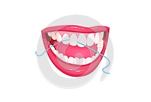 Vector Icon about dental care, girl brushing flossing teeth.