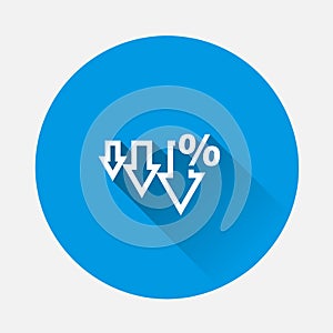 Vector icon down arrow and percentage sign icon on blue background. Flat image with long shadow