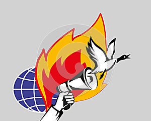 A vector icon with a duck flying out of it - a symbol of fake news. In the background is a flaming globe