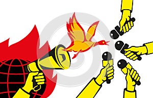 A vector icon with a duck flying out of it - a symbol of fake news. In the background is a flaming globe