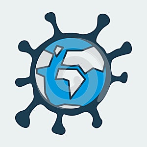 Vector icon of Earth globe covered and surrounded by virus bacteria. It represents a concept of pandemic danger, medical