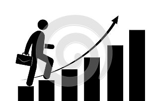 Vector icon of Financial growth concept with businessman climbing on business chart bars with upward arrow