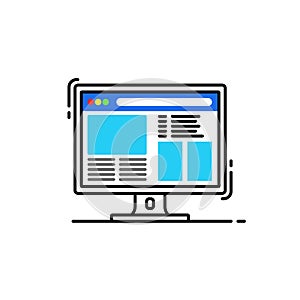 Vector icon, flat design of a Desktop computer with web page on the screen