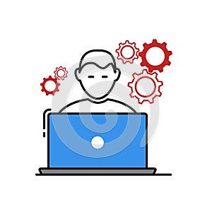 Vector icon, flat design of a freelancer with his laptop and gear icon