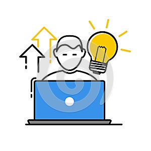 Vector icon, flat design of a freelancer with his laptop and a Light Bulb