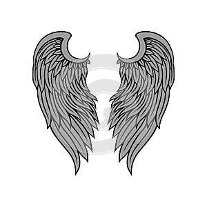 Vector icon of gorgeous bird or angel wings with gray feathers and black contour. Tattoo artwork. Design for print