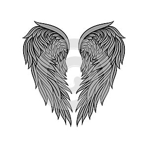 Vector icon of gorgeous heraldic angel wings with gray feathers and black contour. Element for tattoo, t-shirt print or