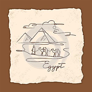 Vector icon of Great Sphinx of Giza isolated on the hand-drawn vector illustration of the pyramids.