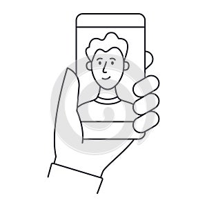 Vector icon hand holding smartphone with young man. Selfie, video call, blogger. Conference online course, conversation with photo