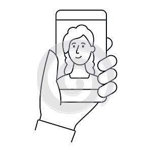 Vector icon hand holding smartphone with young woman. Selfie video call blogger. Conference online course, conversation with