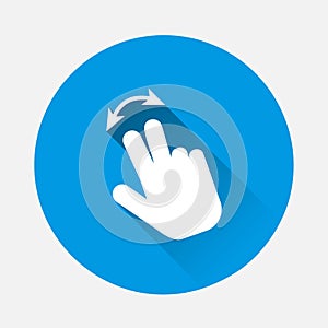 Vector icon hand presses clicks on the button icon on blue background. Flat image with long shadow. Layers grouped for easy