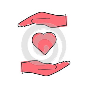 Vector icon of hands holding a heart. healthcare symbol cartoon style on white isolated background