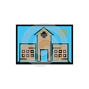 Vector icon of hospital building front silhouette on white background