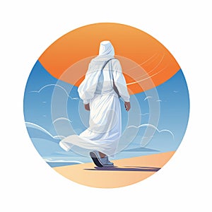 vector icon illustration on the theme a young men in white pilgrimage costumes perform hajj or umrah