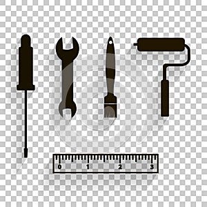 Vector icon image of a set for repair, for work. Brush, ruler, s