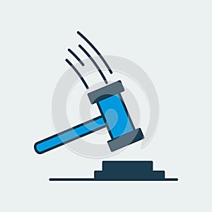 Vector icon of a judge`s gavel, hammer, hitting the surface. It represents constitutional rights, court, justice and work of