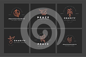 Vector icon and logo peace and charity. Editable outline stroke size. Line flat contour, thin and linear design. Simple