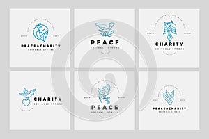 Vector icon and logo peace and charity. Editable outline stroke size. Line flat contour, thin and linear design. Simple