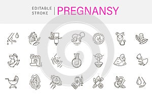 Vector icon and logo for pegnancy and gynecology. Editable outline stroke size. Line flat contour, thin and linear