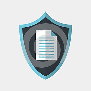 Vector icon made of shield and illustration of a paper document on it. It represents data protection for secret documents
