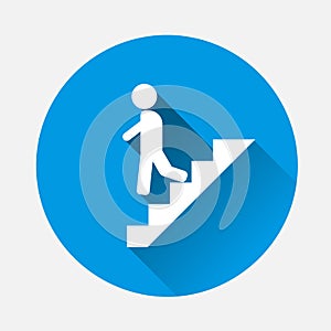 Vector icon of a man goes down the stairs on blue background. Fl