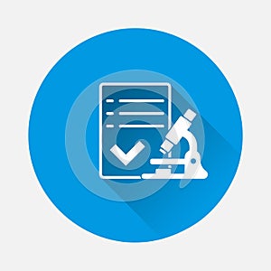 Vector icon microscope and sheet of paper on blue background. Flat image with long shadow. Layers grouped for easy editing photo