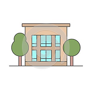 Vector icon of a modern cottage with trees on a white background