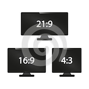 Vector icon monitor sizes 4:3, 16:9, 21:9. TV screen lcd monitor template electronic device technology. isolated on white backgr