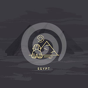 Vector icon of the most famous symbol of Egypt - the pyramid, Sphinx and sun