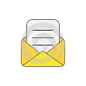 Vector icon of opened mail envelope with written paper. Black outlines and colored