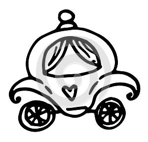 Vector icon of the outline of the princess carriage from a fairy tale . Thin line black Cinderella carriage icon, flat vector