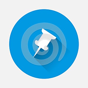 Vector icon push pin. Pin illustration on blue background. Flat image with long shadow