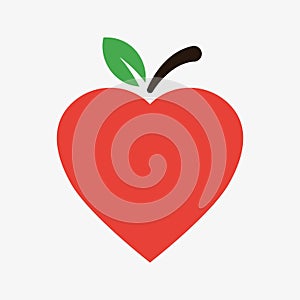 Vector icon of red heart shaped apple with leaf