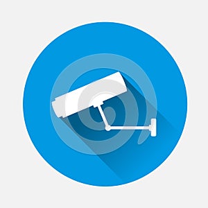 Vector icon security camera on blue background. Flat image camera with long shadow. Layers grouped for easy editing illustration.