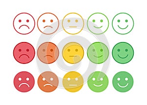 Vector icon set of the colorful emoticons with different mood. Smiles with five emotions: dissatisfied, sad, indifferent, glad,