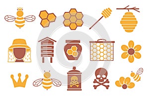 Vector icon set for creating infographics related to bees, pollination and beekeeping like honey jar, flower and honeycomb