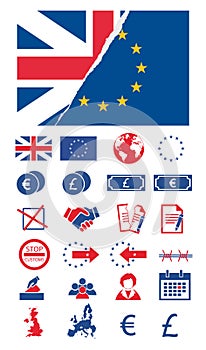 Vector icon set for creating infographics related to Brexit, European union, Great Britain and votes with torn EU and Unicon Jack