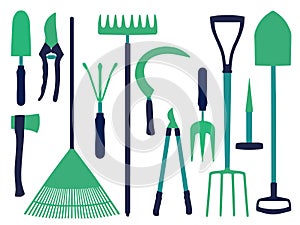 Vector icon set with different gardening tools icons like shovel, ax, rake, scythe or dung fork