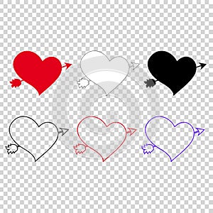 Vector icon set of different hearts pierced with arrow on transparent background