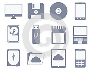 Vector icon set of different storage and computer devices