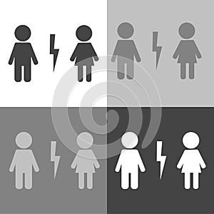 Vector icon set divorced couple . Man and woman characters quarrel. Symbol of marriage problems on white-grey-black color.