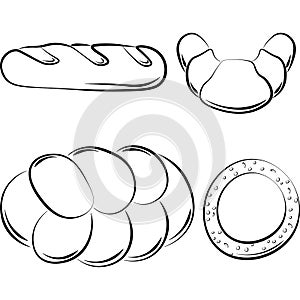 Vector icon set Hand drawn rolls, buns isolated on a white background Elements of kitchen utensils Doodle, simple