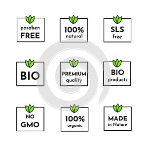 Vector icon set of labels. Organic cosmetics free sls, parabens, 100% natural and healthy. Only bio ingridients.