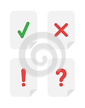 Vector icon set of papers with check mark, x mark, exclamation mark and question mark