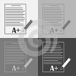 Vector icon set school form with grades. Excellent test result.