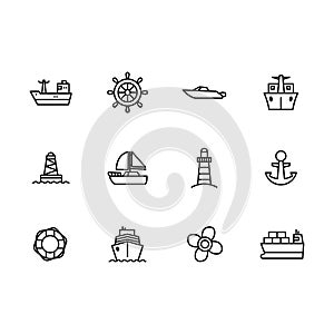 Vector icon set sea ship, sailing boat, steering wheel, yacht, sail, lighthouse and propeller. Outline vector icon water