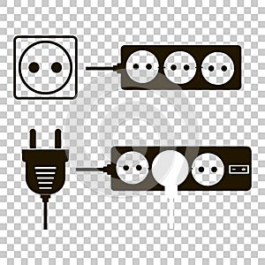 Vector icon set of sockets and plugs. An extension cord with the