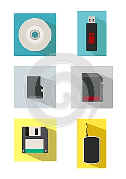 Vector icon set of storage media in flat style