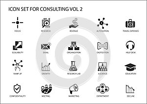 Vector icon set for topic consulting. Various symbols for strategy consulting, IT consulting, business consulting and management c