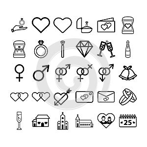 Vector icon set of wedding and engagement